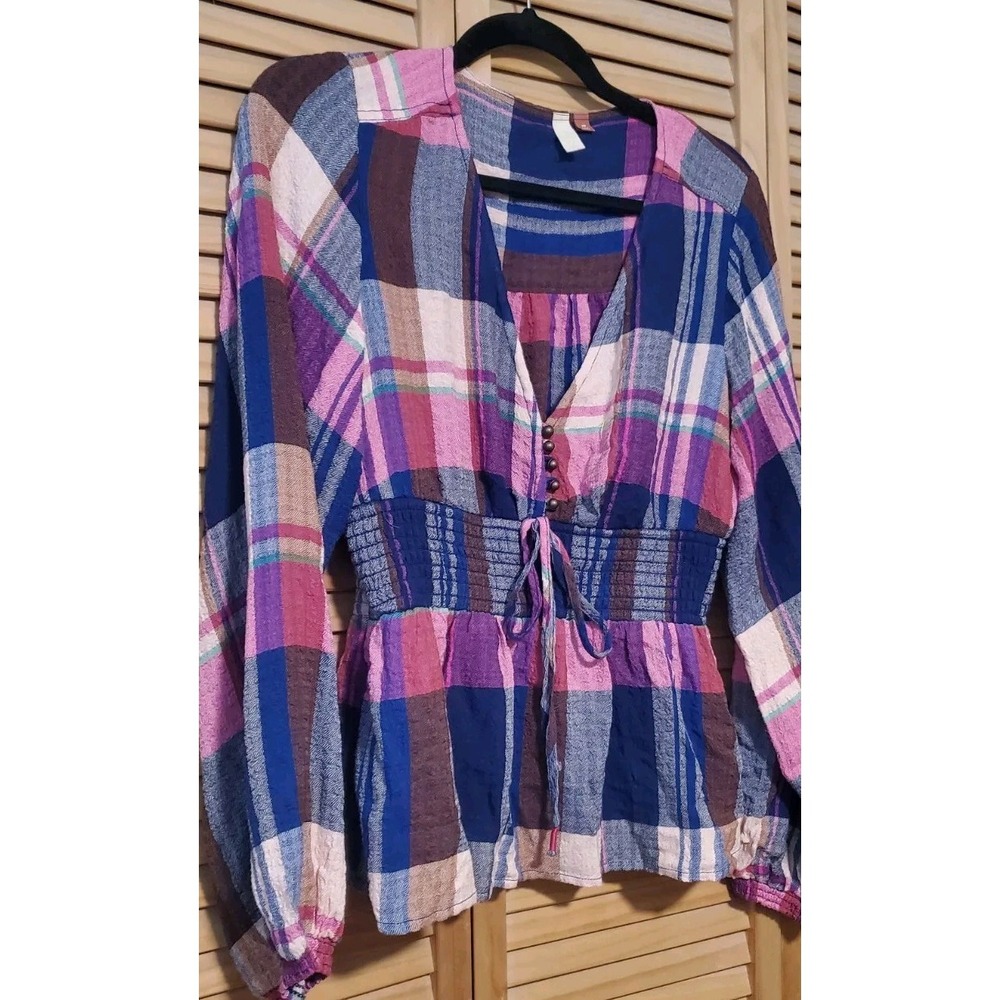 Anthropologie Pilcro Deep V Blouse Plaid Pink Medium Top Shirt Long - Picture 2 of 9